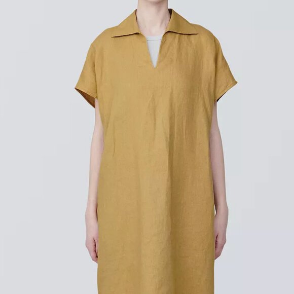 Muji Mustard Tent Dress 100% Linen with Pockets - Picture 5 of 5